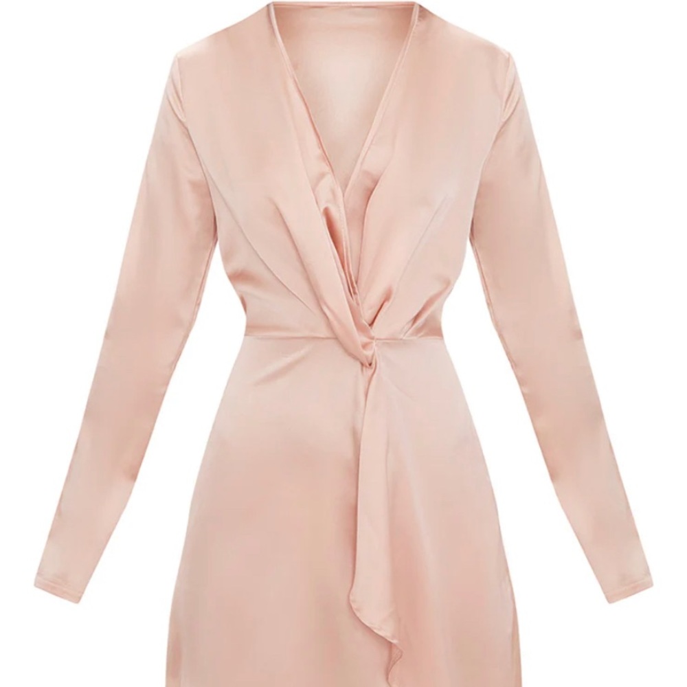 Nude Satin Long Sleeve Wrap Dress